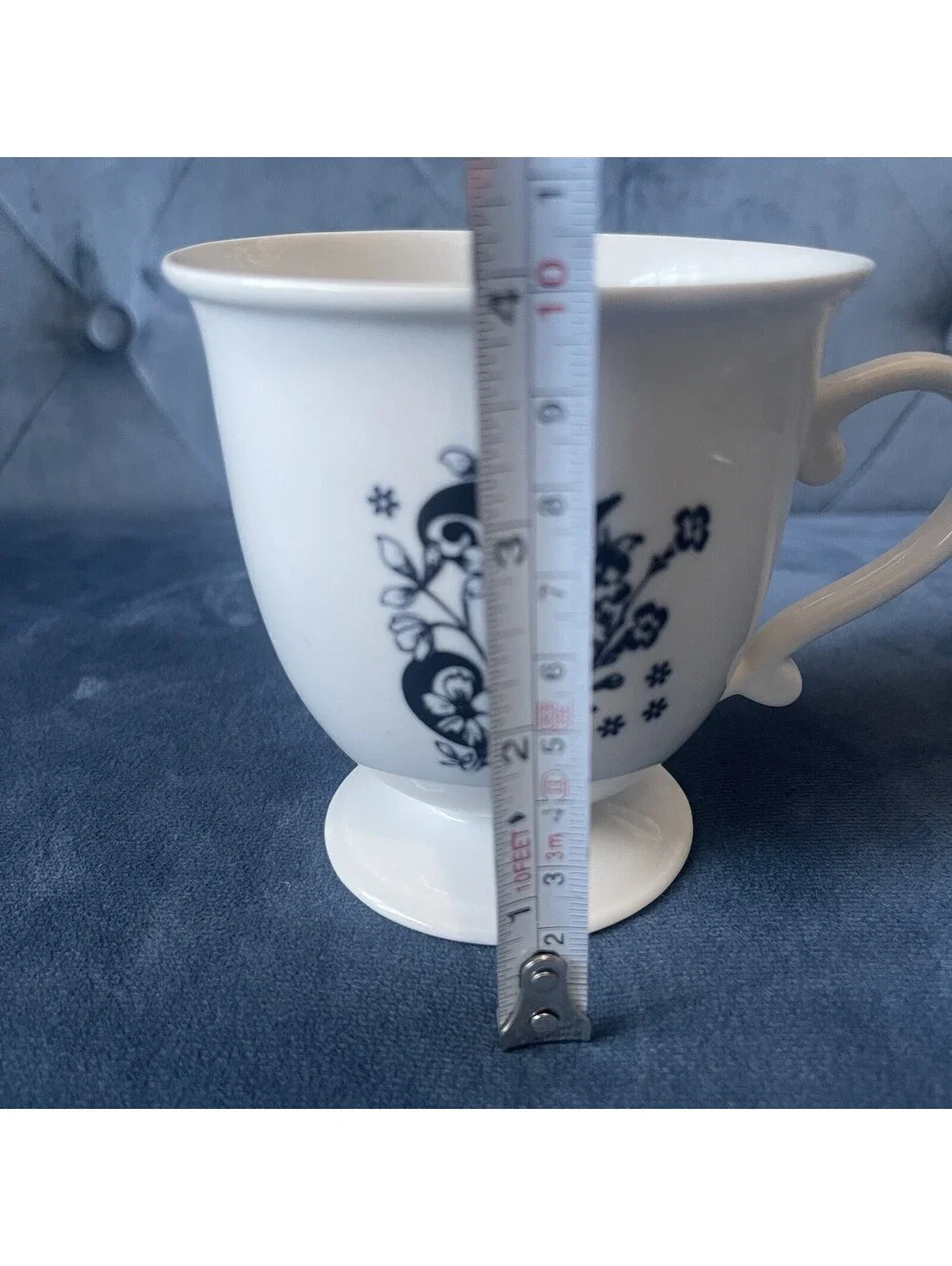 Anthropologie Pedestal Coffee Mug Tea Cup Initial J Black White Floral Fancy